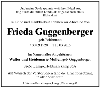 Anzeige  Frieda Guggenberger  Lippische Landes-Zeitung