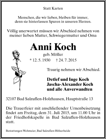Anzeige  Anni Koch  Lippische Landes-Zeitung