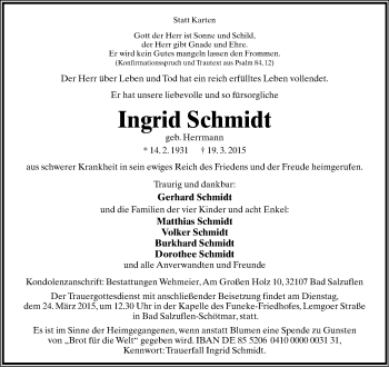 Anzeige  Ingrid Schmidt  Lippische Landes-Zeitung