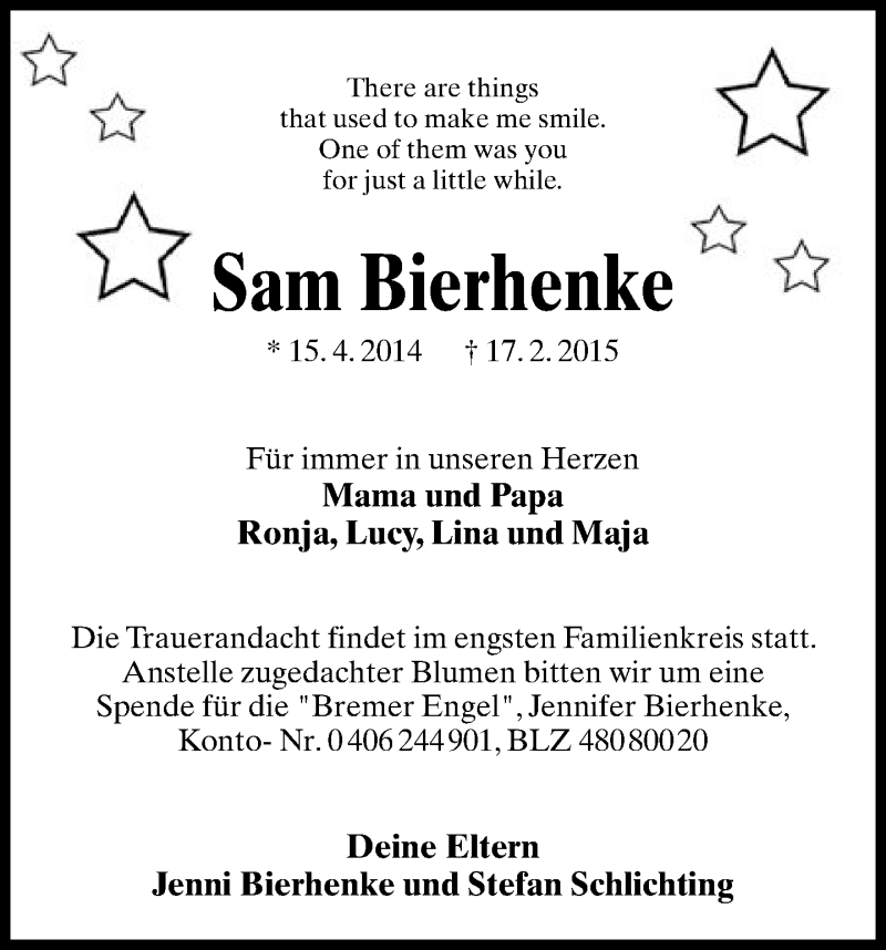  Traueranzeige für Sam Bierhenke vom 21.02.2015 aus Lippische Landes-Zeitung