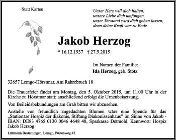 Anzeige  Jakob Herzog  Lippische Landes-Zeitung