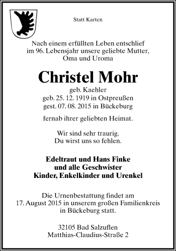 Anzeige  Christel Mohr  Lippische Landes-Zeitung