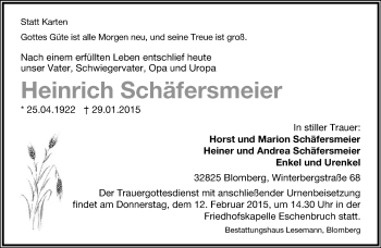Anzeige  Heinrich Schäfersmeier  Lippische Landes-Zeitung
