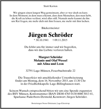 Anzeige  Jürgen Schröder  Lippische Landes-Zeitung