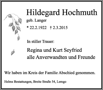Anzeige  Hildegard Hochmuth  Lippische Landes-Zeitung