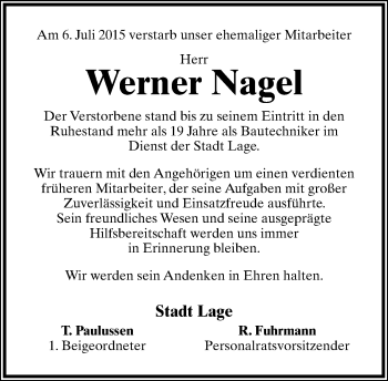 Anzeige  Werner Nagel  Lippische Landes-Zeitung