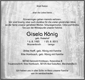 Anzeige  Gisela König  Lippische Landes-Zeitung