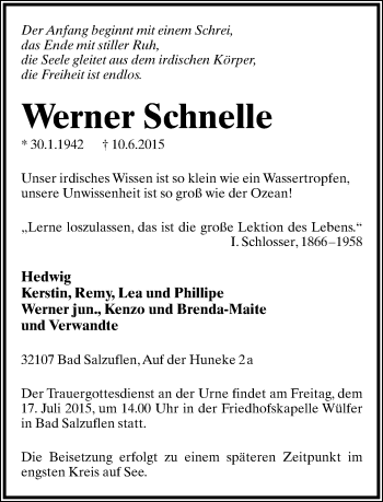 Anzeige  Werner Schnelle  Lippische Landes-Zeitung