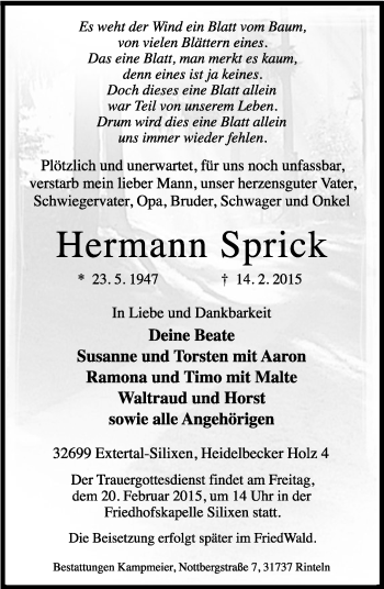 Anzeige  Hermann Sprick  Lippische Landes-Zeitung