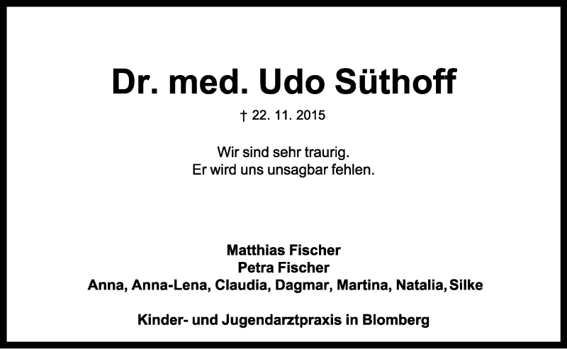  Traueranzeige für Udo Süthoff vom 26.11.2015 aus Lippische Landes-Zeitung