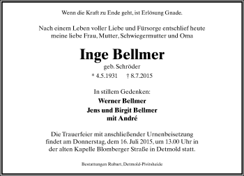 Anzeige  Inge Bellmer  Lippische Landes-Zeitung