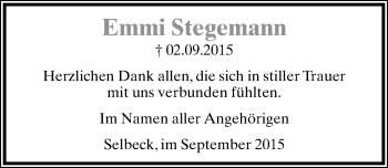 Anzeige  Emmi Stegemann  Lippische Landes-Zeitung