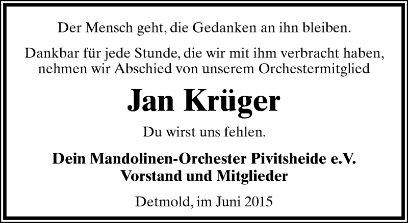  Traueranzeige für Jan Krüger vom 17.06.2015 aus Lippische Landes-Zeitung