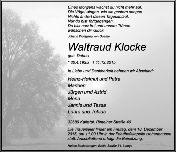 Anzeige  Waltraud Klocke  Lippische Landes-Zeitung