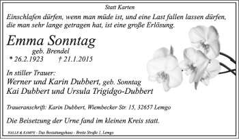 Anzeige  Emma Sonntag  Lippische Landes-Zeitung