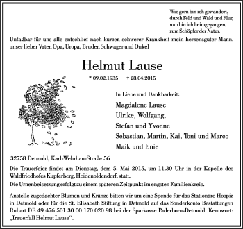 Anzeige  Helmut Lause  Lippische Landes-Zeitung