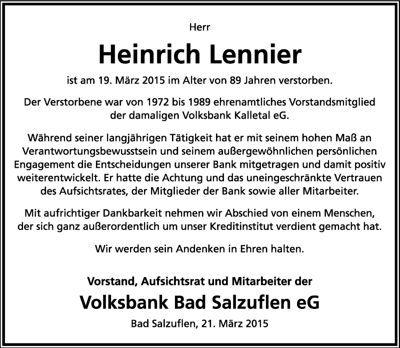  Traueranzeige für Heinrich Lennier vom 21.03.2015 aus Lippische Landes-Zeitung