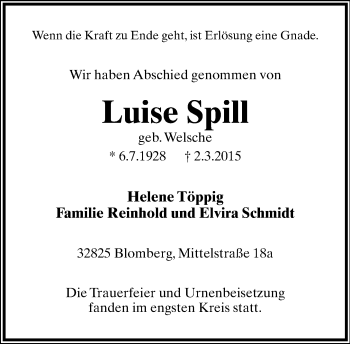 Anzeige  Luise Spill  Lippische Landes-Zeitung
