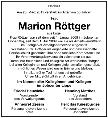 Anzeige  Marion Röttger  Lippische Landes-Zeitung