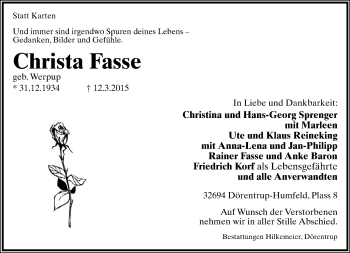 Anzeige  Christa Fasse  Lippische Landes-Zeitung
