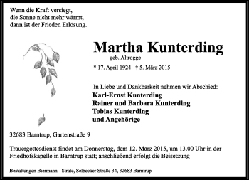 Anzeige  Martha Kunterding  Lippische Landes-Zeitung