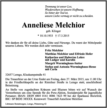 Anzeige  Anneliese Melchior  Lippische Landes-Zeitung