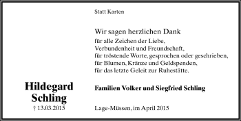 Anzeige  Hildegard  Schling  Lippische Landes-Zeitung