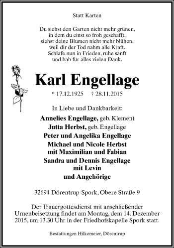 Anzeige  Karl Engellage  Lippische Landes-Zeitung