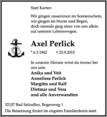 Anzeige  Axel Perlick  Lippische Landes-Zeitung