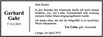 Anzeige  Gerhard Gahr  Lippische Landes-Zeitung