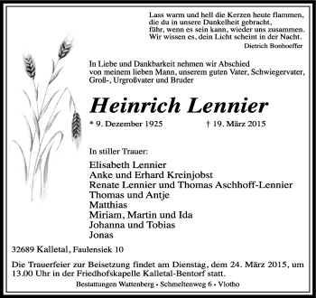 Anzeige  Heinrich Lennier  Lippische Landes-Zeitung