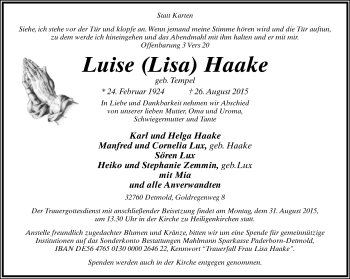 Anzeige  Luise Haake  Lippische Landes-Zeitung