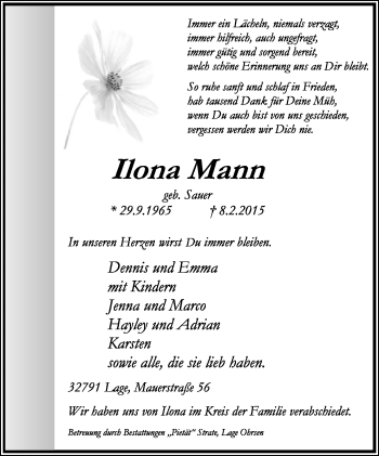 Anzeige  Ilona Mann  Lippische Landes-Zeitung
