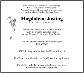Anzeige  Magdalene Josting  Lippische Landes-Zeitung