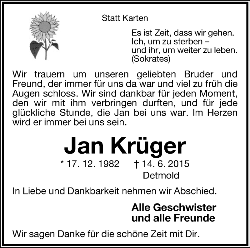 Traueranzeige für Jan Krüger vom 24.06.2015 aus Lippische Landes-Zeitung