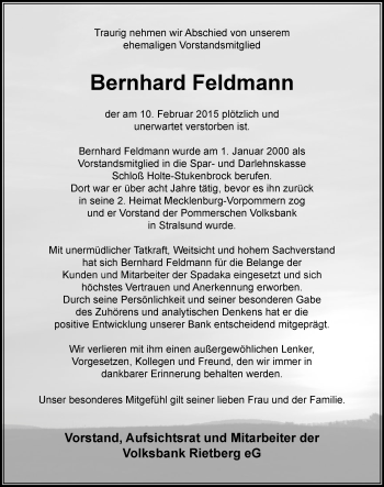 Anzeige  Bernhard Feldmann  Lippische Landes-Zeitung