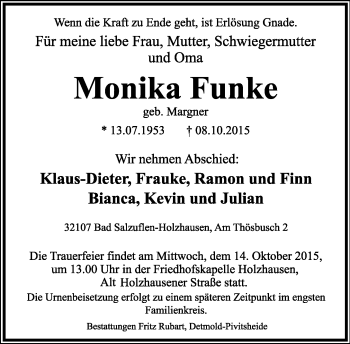 Anzeige  Monika Funke  Lippische Landes-Zeitung