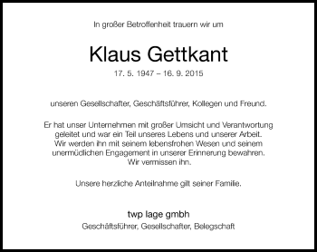 Anzeige  Klaus Gettkant  Lippische Landes-Zeitung