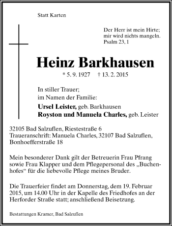 Anzeige  Heinz Barkhausen  Lippische Landes-Zeitung