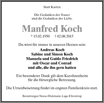 Anzeige  Manfred Koch  Lippische Landes-Zeitung