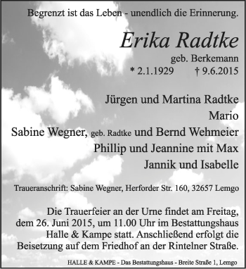 Anzeige  Erika Radtke  Lippische Landes-Zeitung