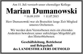 Anzeige  Marian Dumanowski  Lippische Landes-Zeitung