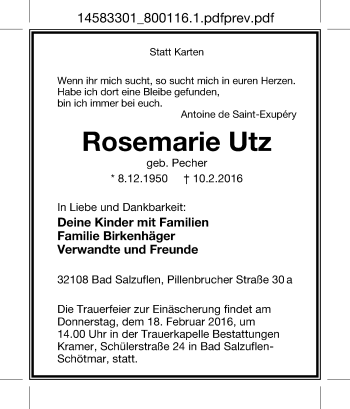 Anzeige  Rosemarie Utz  Lippische Landes-Zeitung