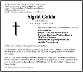 Anzeige  Sigrid Gaida  Lippische Landes-Zeitung