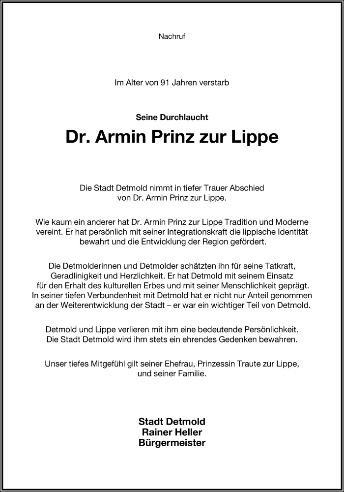  Traueranzeige für Armin Prinz zur Lippe vom 26.08.2015 aus Lippische Landes-Zeitung