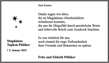 Anzeige  Magdalene Tapken-Pöhlker  Lippische Landes-Zeitung