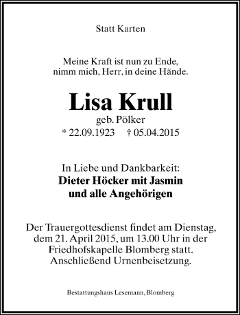 Anzeige  Lisa Krull  Lippische Landes-Zeitung