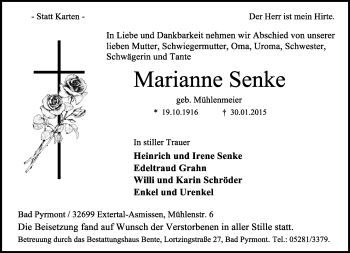 Anzeige  Marianne Senke  Lippische Landes-Zeitung