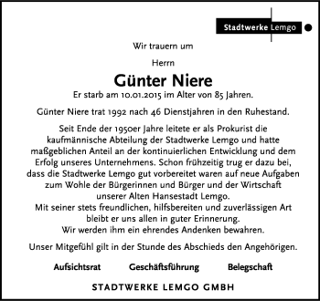 Anzeige  Günter Niere  Lippische Landes-Zeitung