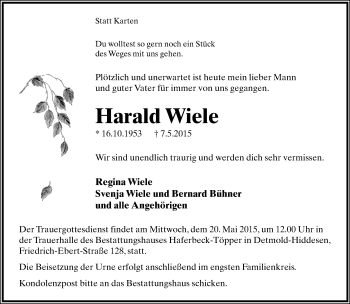 Anzeige  Harald Wiele  Lippische Landes-Zeitung